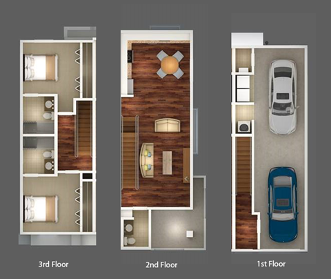 Floor plan for 2 beds, 2.5 baths, 1063 sqft
